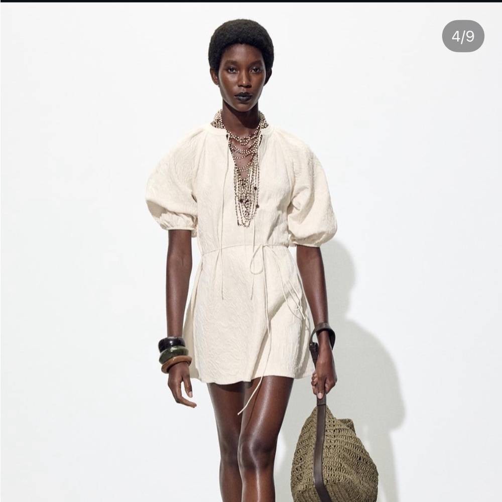 Zara Jacquard Mini Dress Cream Puff-Sleeve Mini Dress